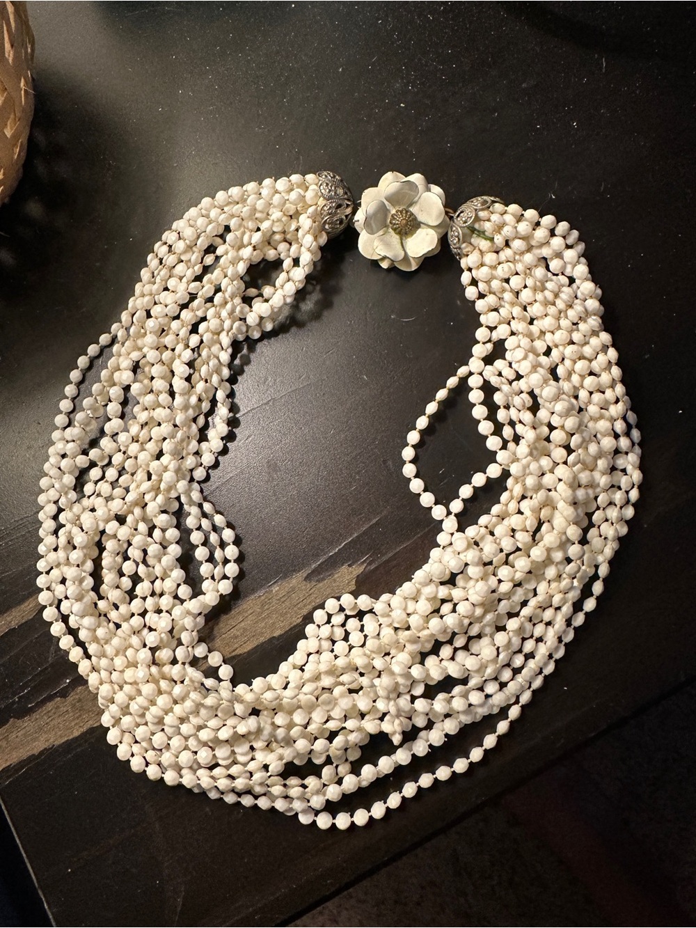 1950s or 60s Vintage Multi-Strand White Beaded Necklace with Enamel Floral Clasp